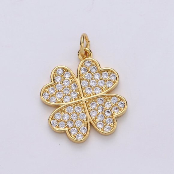 4 Leaf Clover & Cubic Zirconia Gold Filled Charm - Picture 1 of 2